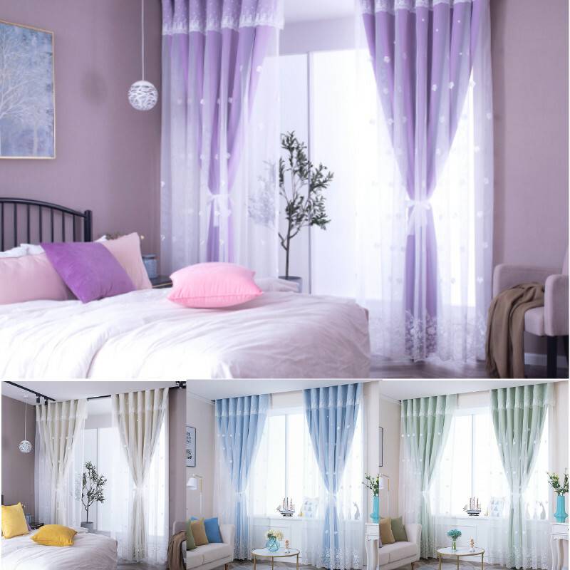 Double Layer Lace Embroidered Door Curtain pink & purple colour